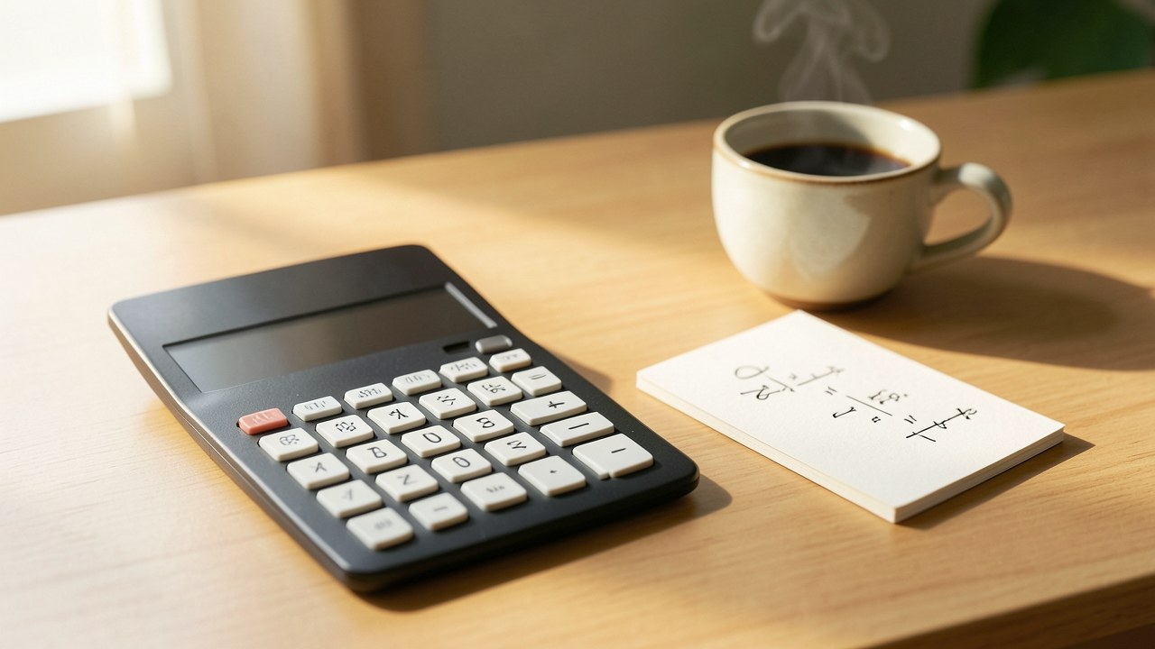 A clean, well-organized desk with a calculator, a notepad showing a simple formula, and a cup of coffee, bathed in warm natural light.