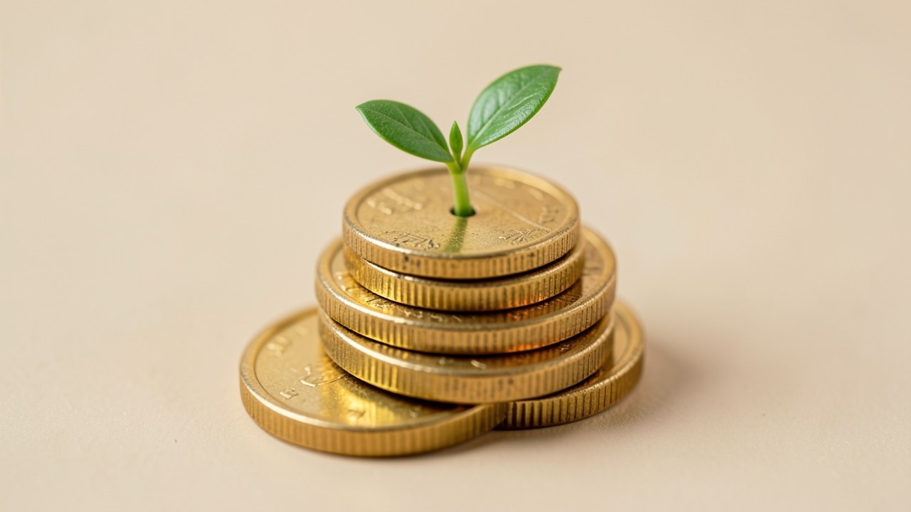 A conceptual image showing a stack of coins with a small plant growing out of the top coin, symbolizing growth and financial stability.