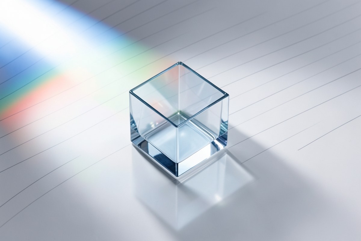 A sharp, high-contrast image of a clear glass cube refracting light, with a faint geometric pattern in the background, symbolizing clarity and structure.