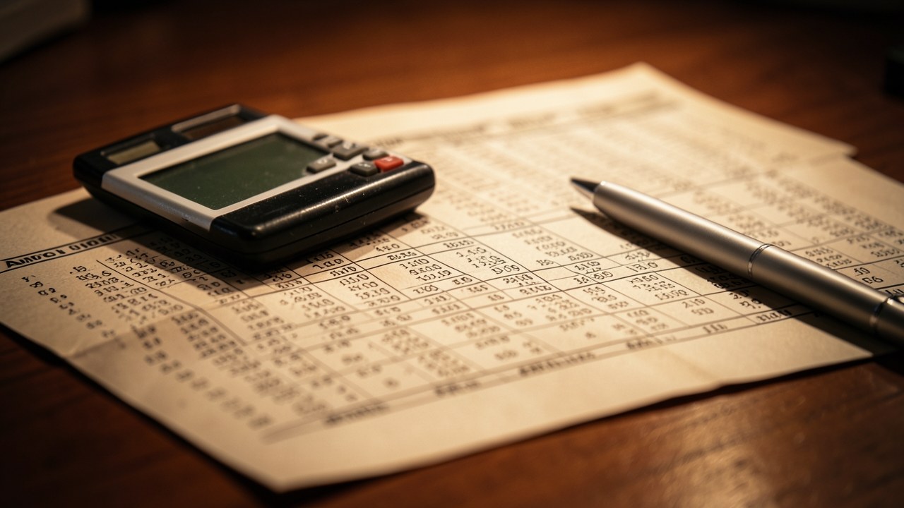 A detailed view of an amortization schedule printed on paper, with a calculator and pen resting on it, in warm lighting.