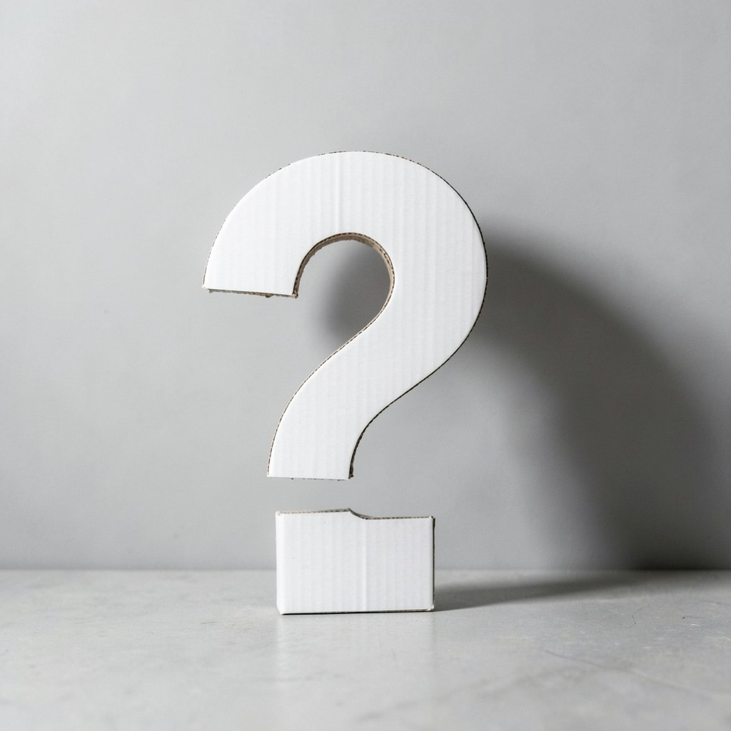 A simple, clean question mark made of paper or cardboard, standing on a light surface with soft shadows.