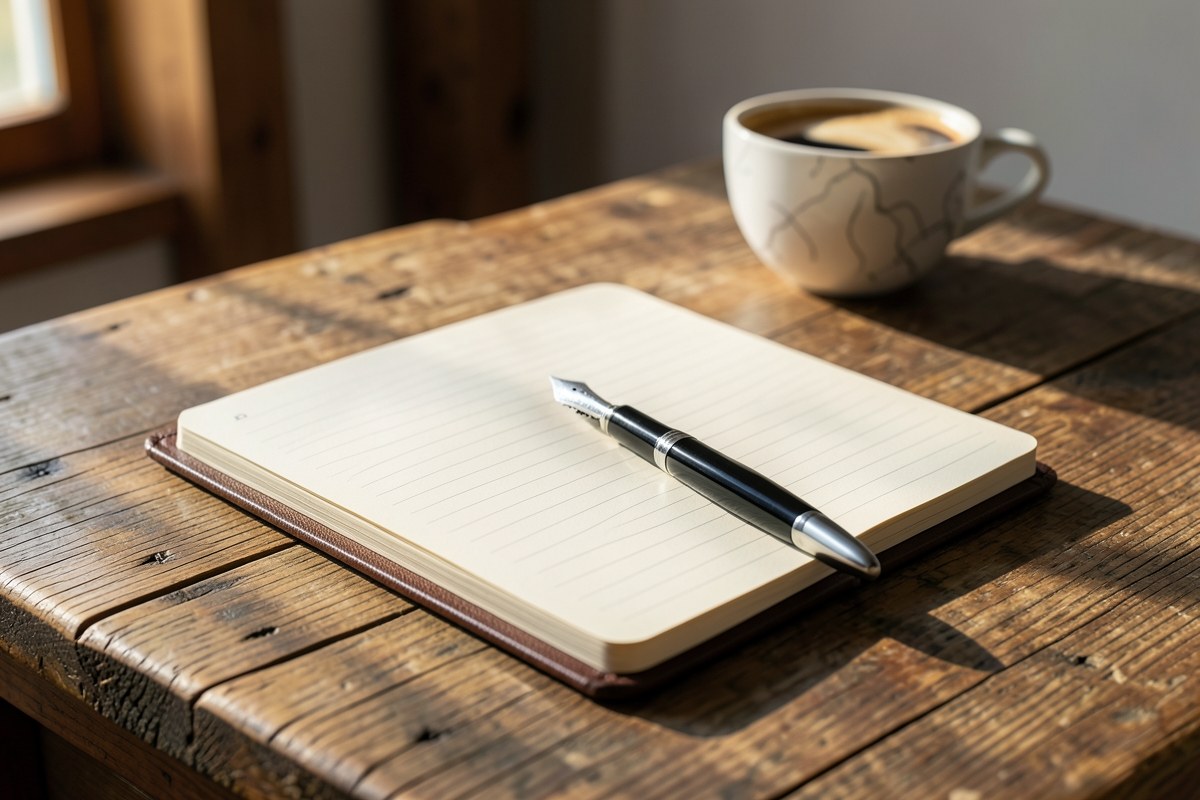An open notebook with a pen, resting on a wooden desk next to a cup of coffee, with a warmly lit, blurred background.