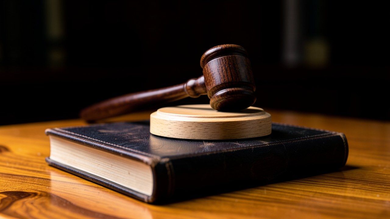 A judge's gavel resting on a sound block next to a legal book, on a dark wooden desk, conveying authority and fairness.