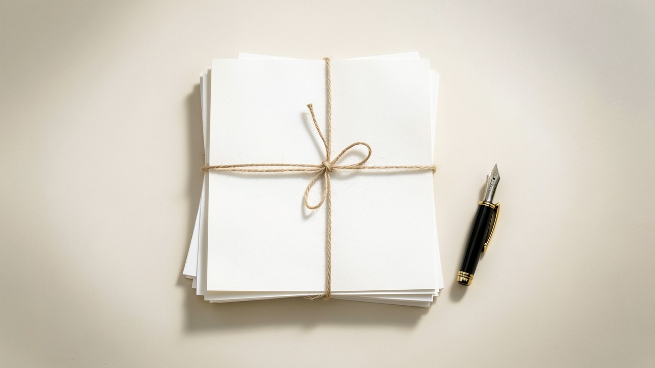 A neatly arranged stack of documents tied with a string, on a clean desk, evoking order and formality.