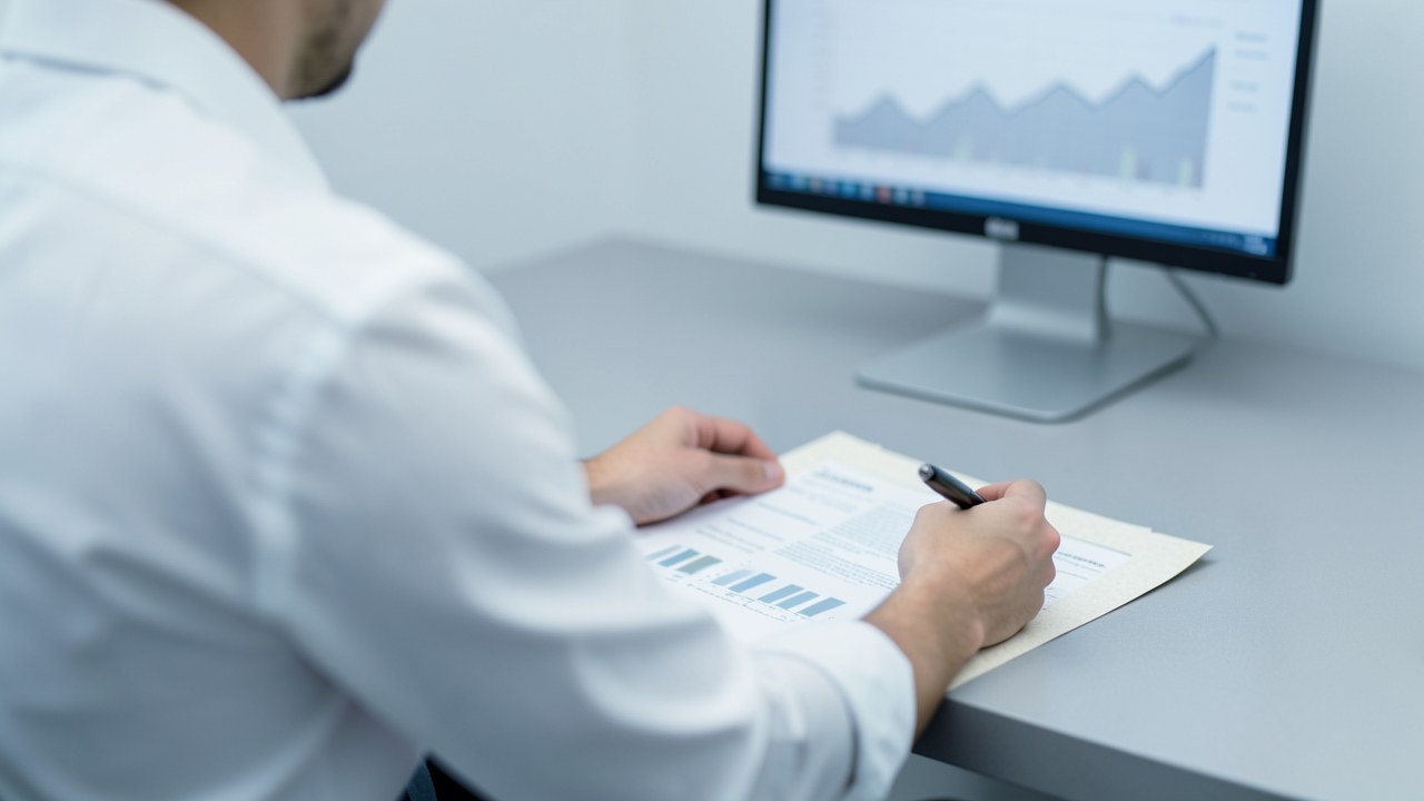 A person in a professional setting reviewing a document with a pen, with charts and graphs softly blurred in the background.