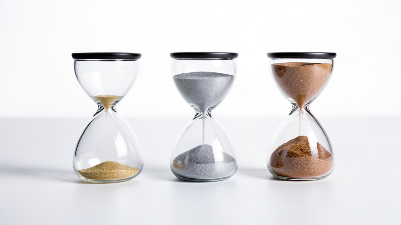 A series of three hourglasses with different amounts of sand, representing different loan tenures and their impact on time.