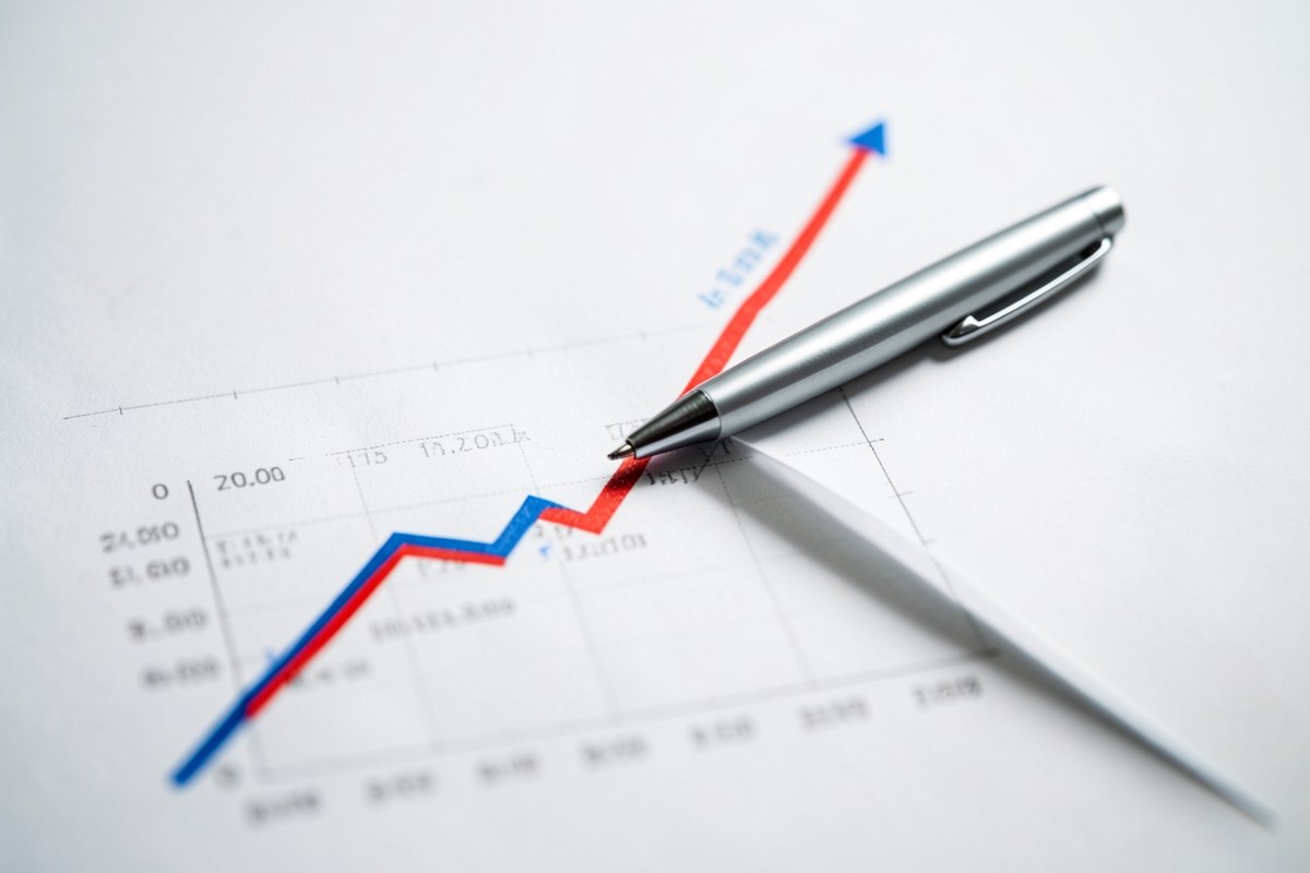 A close-up of a financial chart showing an upward trend line, with a pen resting on it, symbolizing interest rate changes.