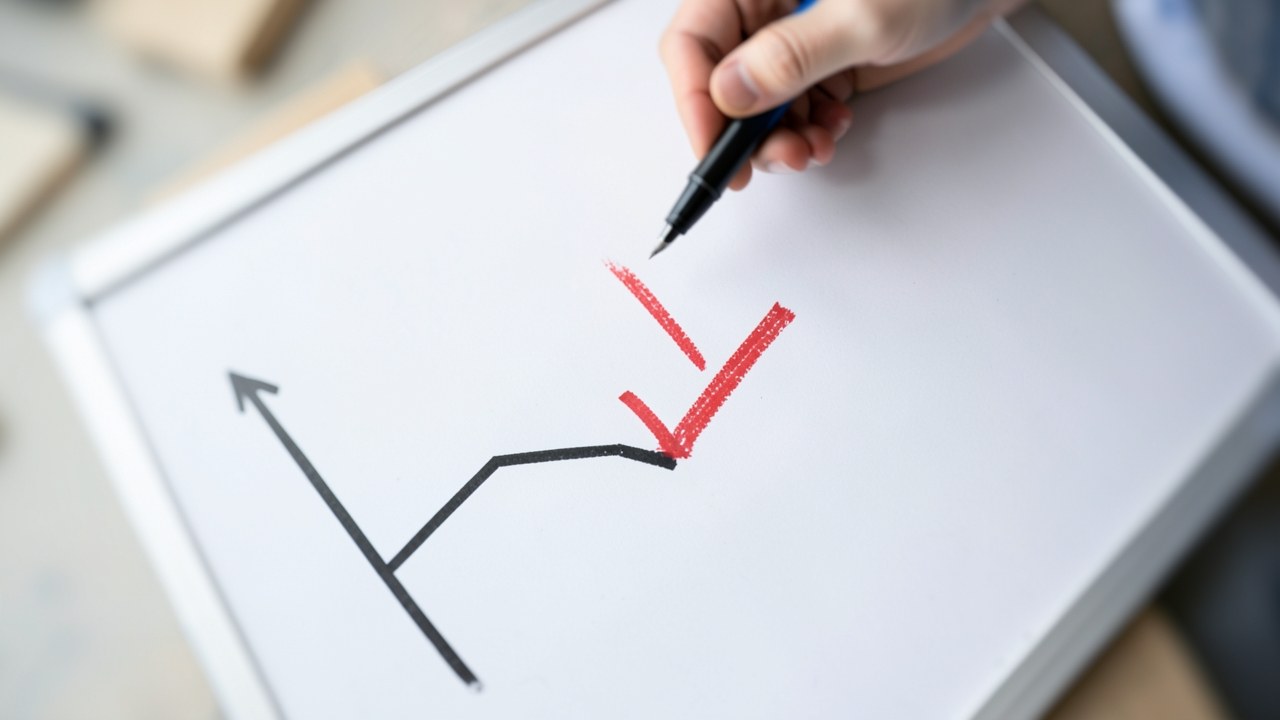 An arrow pointing downwards on a simple line graph, with a pencil eraser at the end, symbolizing a decrease in EMI.