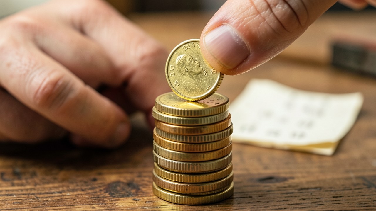 A person's hand adding a coin to a stack of coins, with a small growth chart in the background, symbolizing extra payments leading to savings.