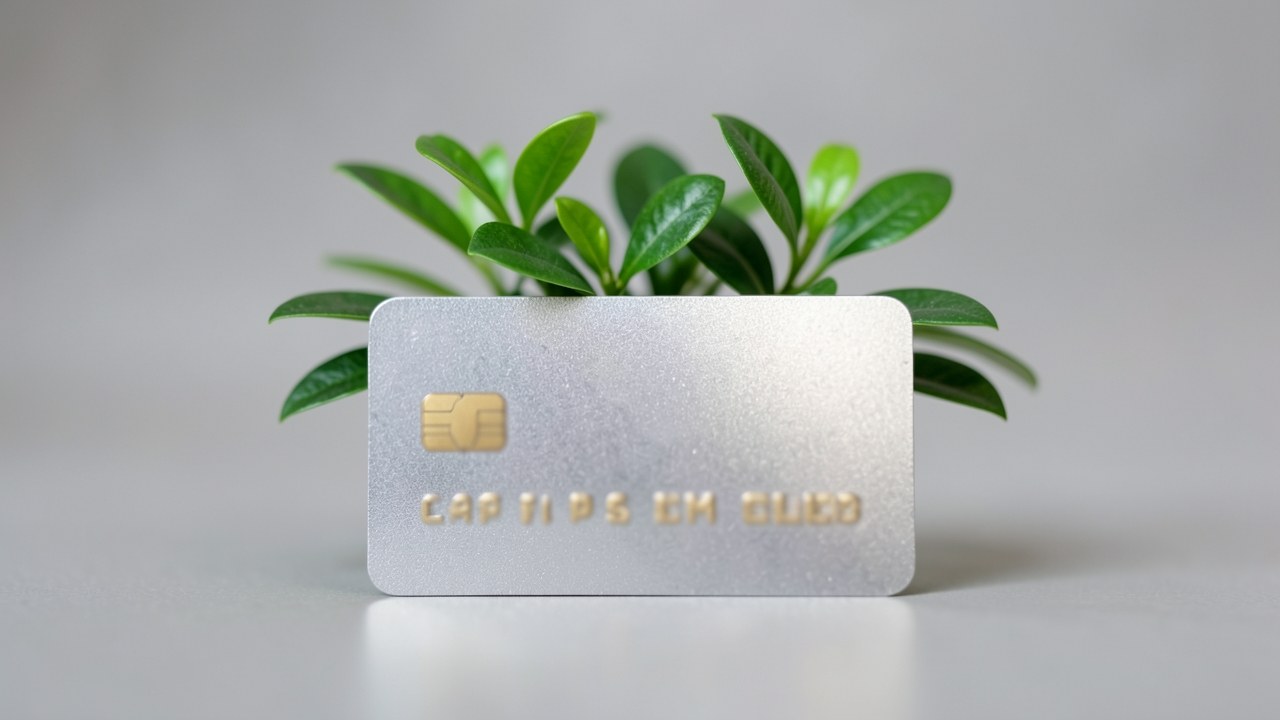 A close-up of a credit card with a green plant growing out of it, symbolizing good credit and financial growth.